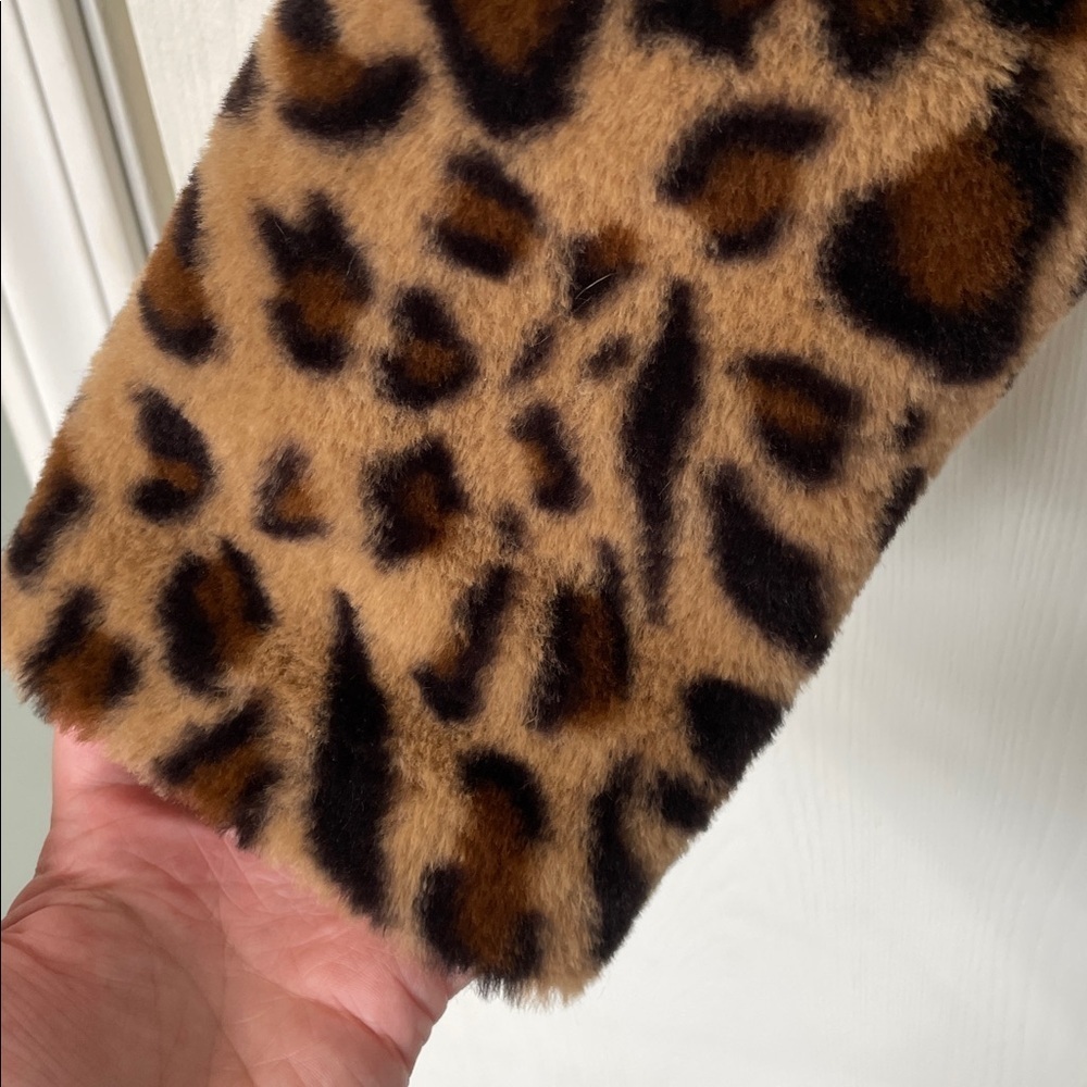 💰Leopard Print Faux Fur Teddy Coat Cropped Open Front Lined Size Small - Picture 3 of 9